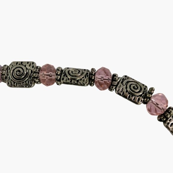 Handcrafted Silver Tone Pink Beaded Bracelet Swirl Design Toggle Clasp 7 inch - Picture 6 of 7